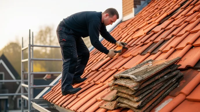 Dakdekker legt nieuwe keramische dakpannen op een hellend dak, oude pannen liggen opgestapeld