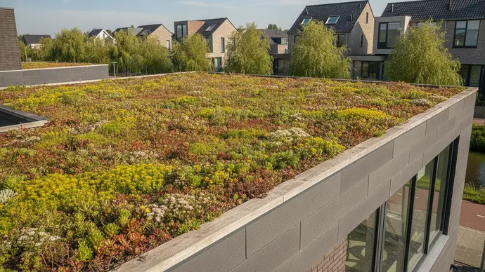 Plat dak met een sedumdak vol groene beplanting