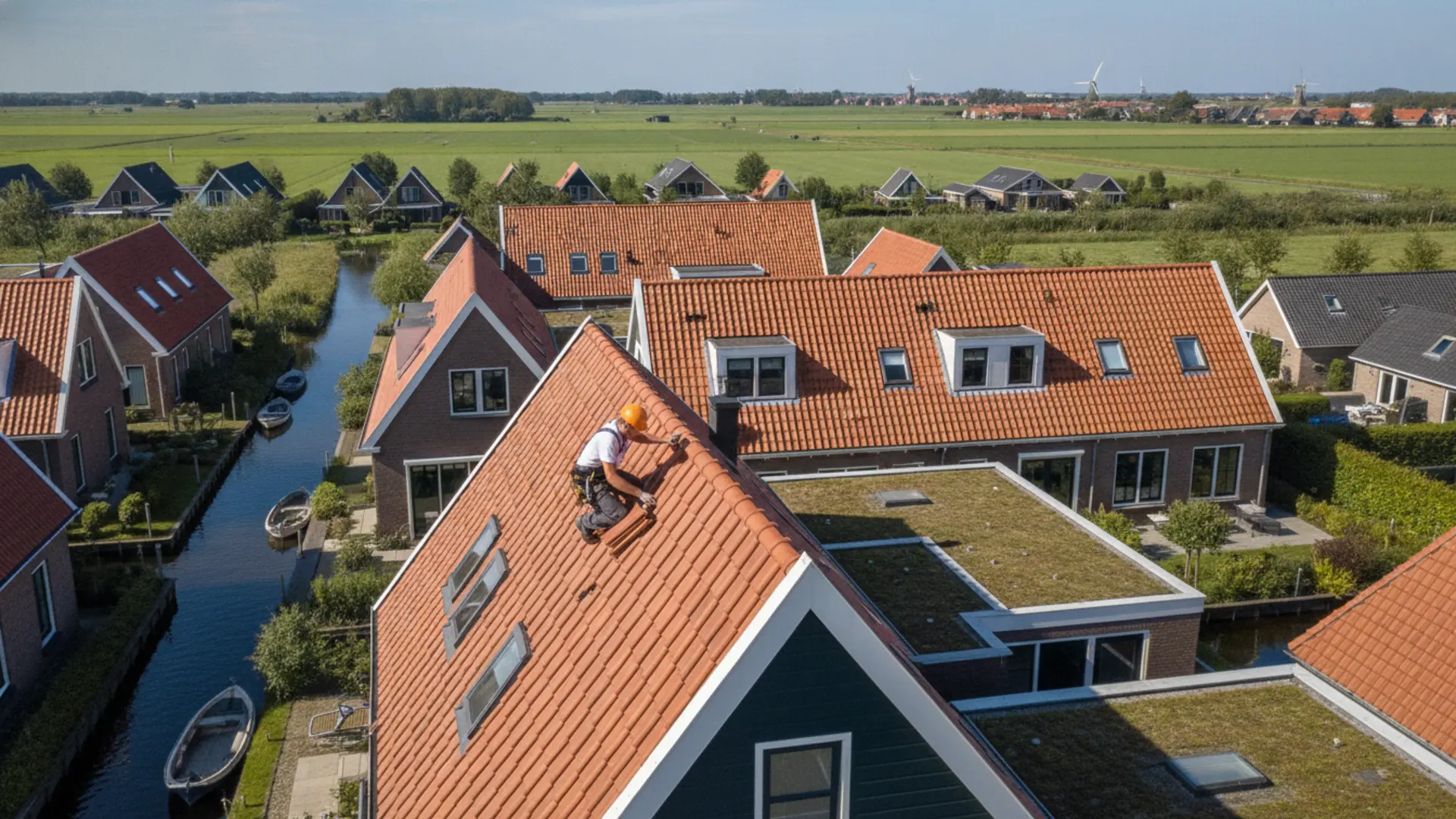 Dakdekker aan het werk op een Nederlands dak